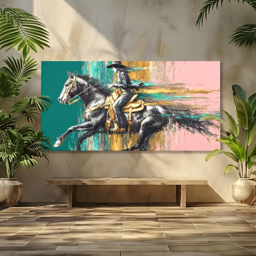 Tablou canvas cu pictura cu femeie calare pe armasar, fara rama, pe sasiu de lemn
